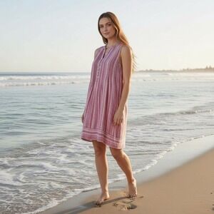 Faherty Isha Dress Granita Pink Stripe Linen Pockets Beachy A-Line Popover Small